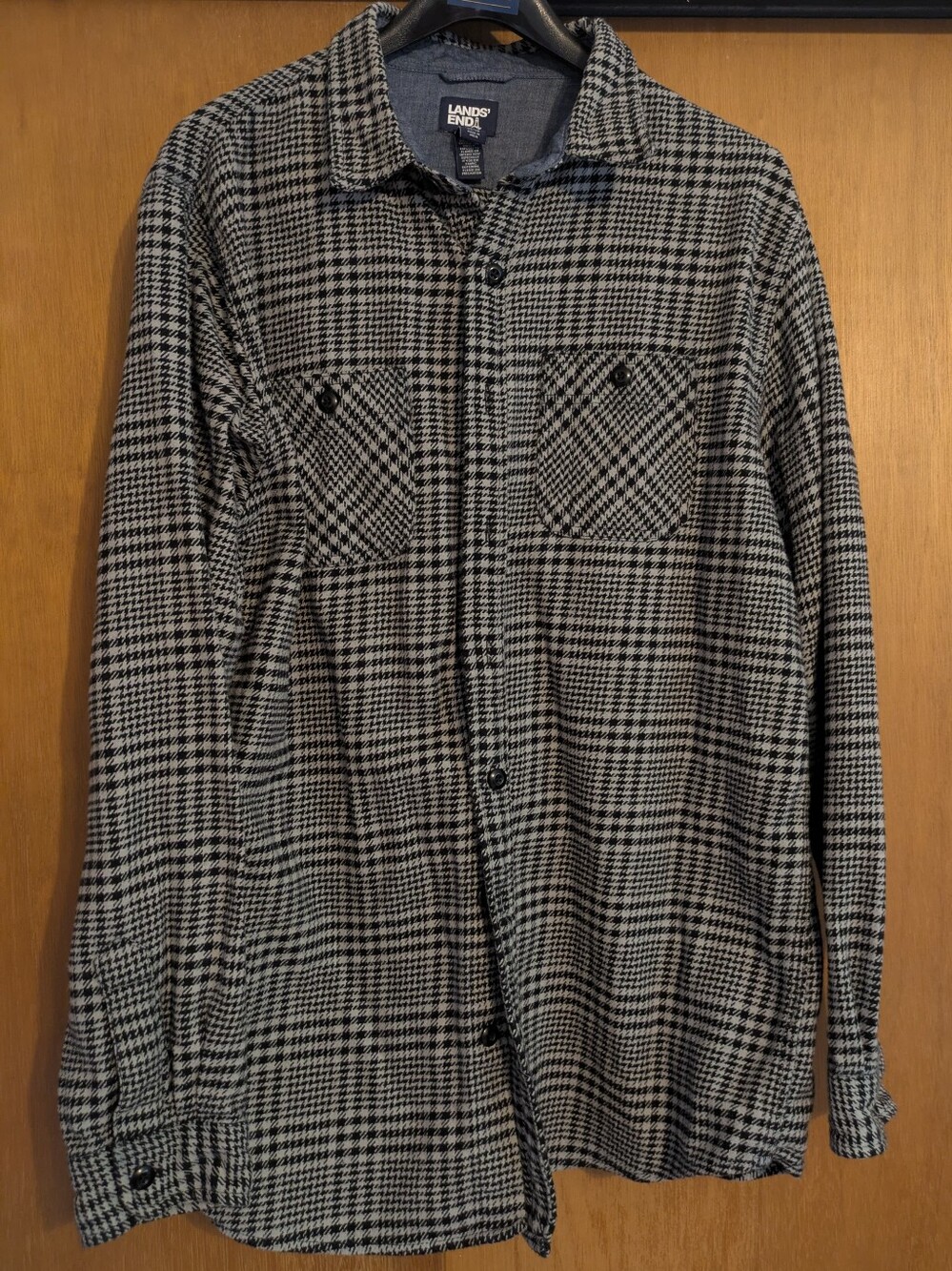 Lands' End Black And White Houndstooth Plaid Button-Up Chore Shirt Jacket XL